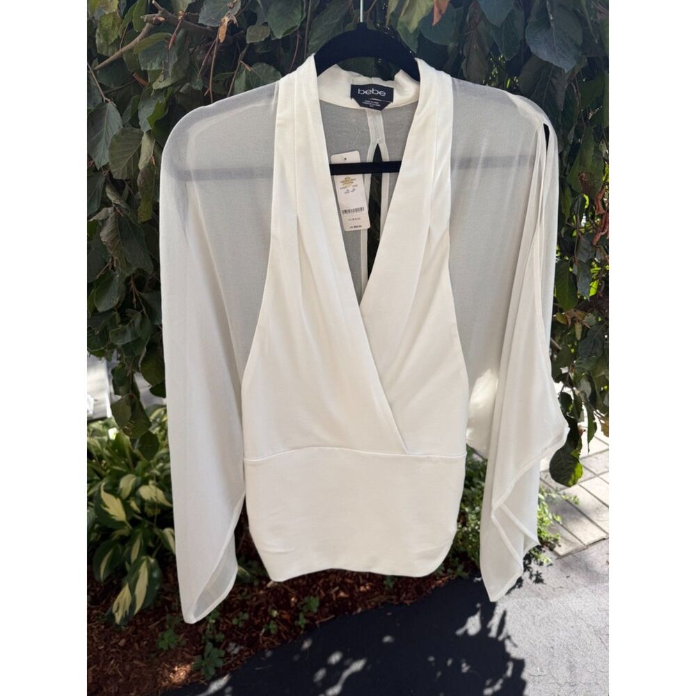 Bebe NWT White Sheer Split Dolman Sleeve Wrap Top - Size S